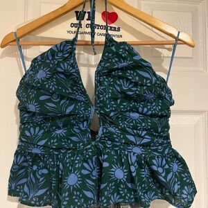 Free People Women's Green Blue Floral Halter Top
